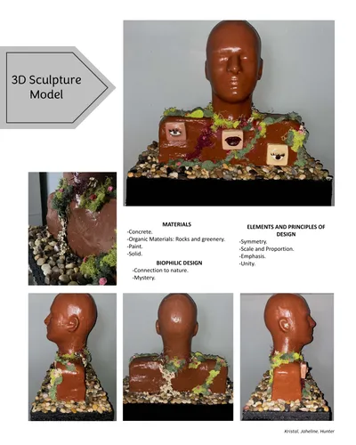 The image showcases a 3D sculpture model, incorporating concrete, organic materials like rocks and g