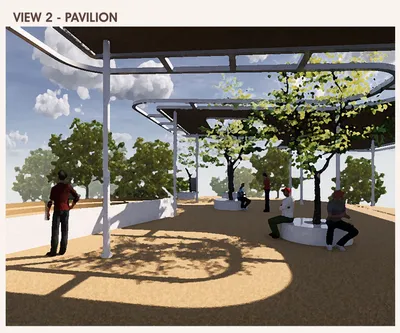 The image presents a rendering of a pavilion, showcasing a contemporary outdoor space designed for p