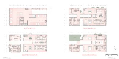 This architectural image presents a set of floor plans for a nursing home, including the basement, g