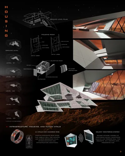 This architectural presentation board showcases a futuristic housing concept for a Martian colony. T
