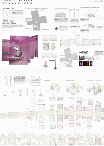 This architectural presentation board showcases a design for temporary housing using intelligent fab