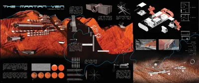This architectural presentation board showcases a visionary geological power plant colony on Mars, n