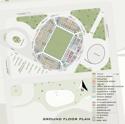 This architectural image presents a ground floor plan of a stadium, showcasing the layout of various