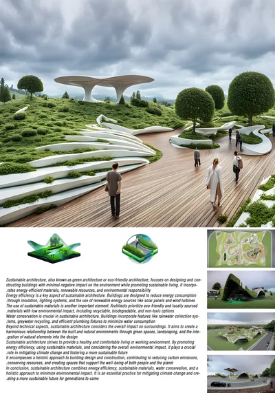 The image showcases a presentation board for sustainable architecture, highlighting its key principl
