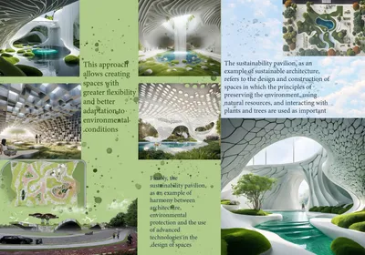 This architectural presentation board showcases a sustainability pavilion design, emphasizing the in