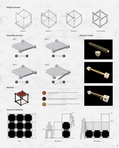 This architectural presentation board showcases a modular furniture design. It illustrates the desig