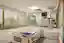 This architectural image showcases a modern hospital room featuring a patient bed with medical equip
