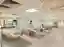 This architectural image showcases a modern hospital room with multiple patient beds separated by gl