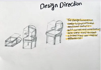 The image is a design presentation board featuring sketches of a chair design. The sketches show the