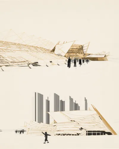 This architectural image presents a conceptual design with a focus on geometric forms and abstract r