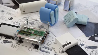 The image showcases a product design presentation board featuring a prototype electronic device, foa
