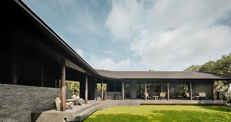 Daytime view of the cafe terrace with the grass lawn and the curved plan wrapping around it