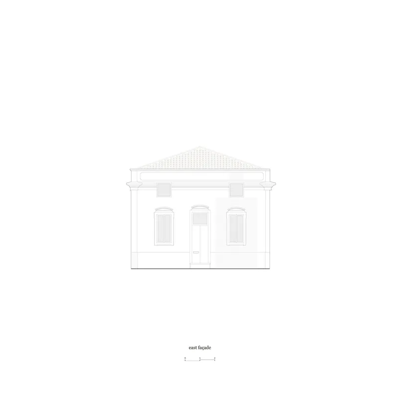 East facade drawing showing the preserved original openings and cornice