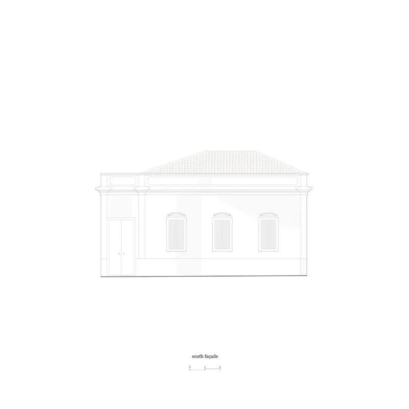 South facade drawing showing the three arched windows and a single door