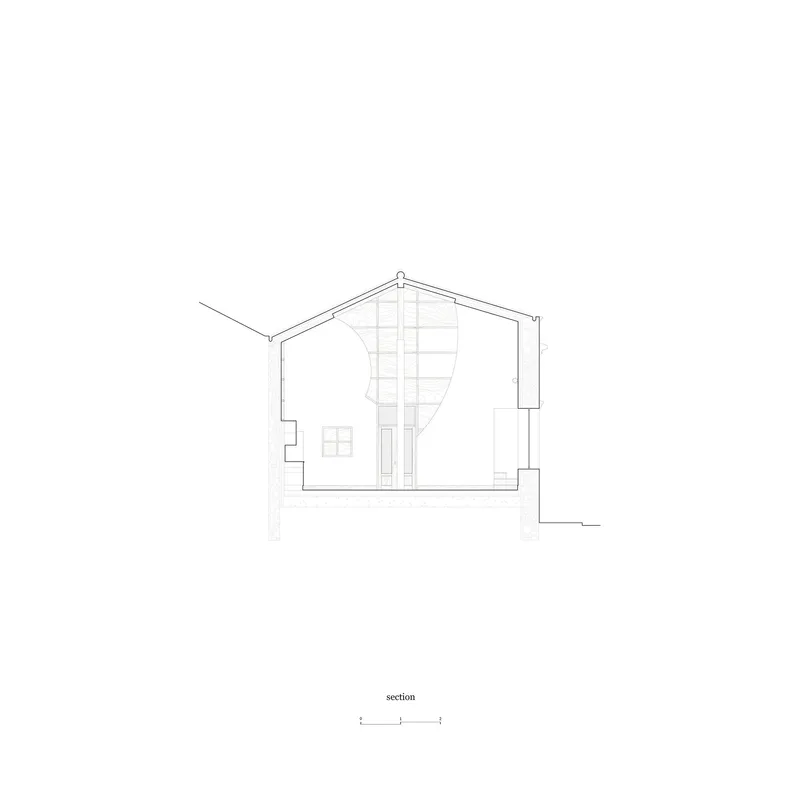 Section drawing showing the new curved plywood wall inside the preserved outer shell
