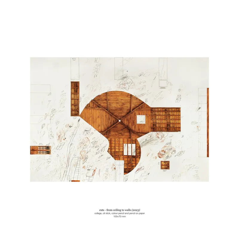 Corpo Atelier concept collage titled Cuts — from ceiling to walls, collage and coloured pencil on paper