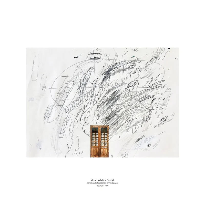 Concept drawing titled Detached Door, pencil and charcoal on printed paper