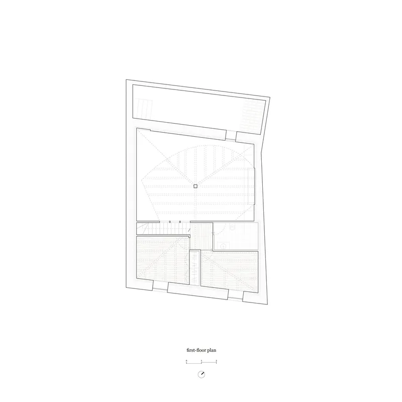 First-floor plan with the underside of the new pine roof structure visible