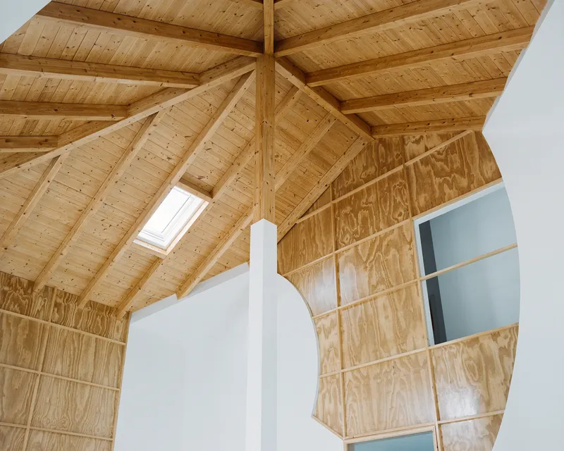 Looking up at the new pine roof structure with the curved plywood walls and a small skylight