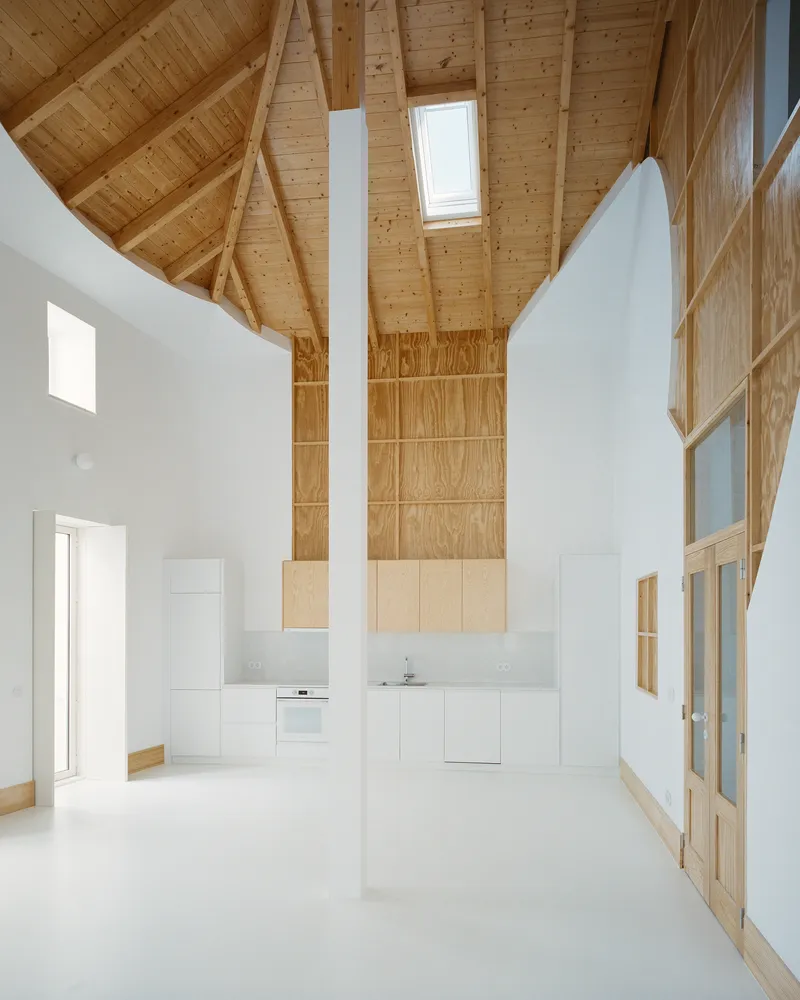 Open kitchen below the pine ceiling with a tall plywood feature wall and central pillar